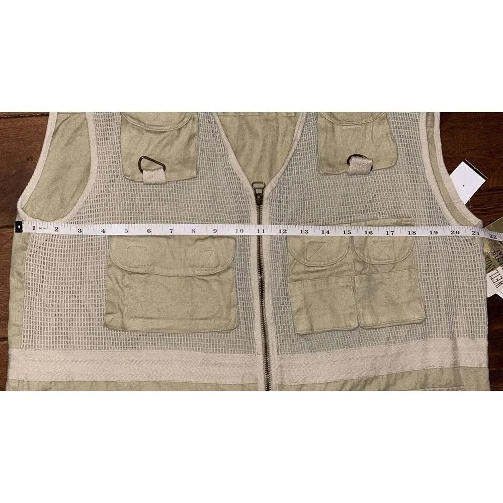 Vintage Bugle Boy Vest Men Large Khaki Fishing Ramie Cotto Mesh Cargo Zip Up NWT